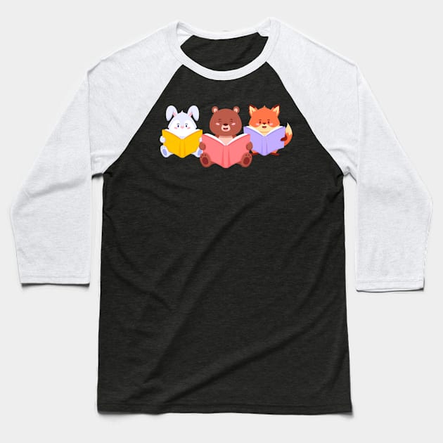 Rabbit Bear Fox Reading Baseball T-Shirt by Mako Design 